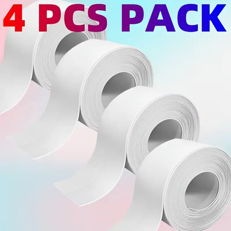 4 Pack Seamless Leak-Proofing Water-Resistant Self-Adhesive PVC Caulk Strip Tape, White Mold & Mildew Resistant Sealing Trim for Toilet Base, Bathtub, Kitchen Countertop