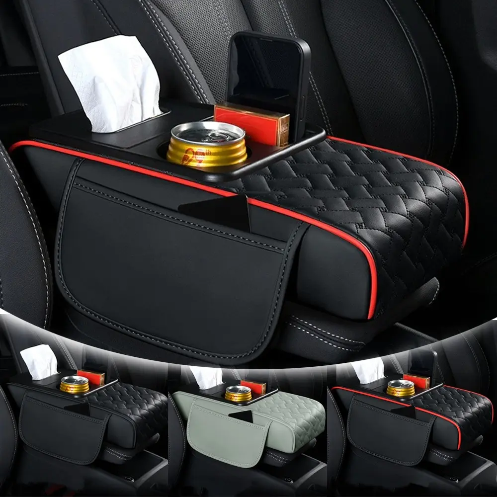 5 in 1 Universal Car Armrest Pad Center Console Box Cover Protector, 14*6.3*2.7 inch PU Leather Hand Rest Cushion with Cup Holder & 2 Pocket, Multifunctional Car Middle Center Console Armrest Cover Pad Mat Protector Top