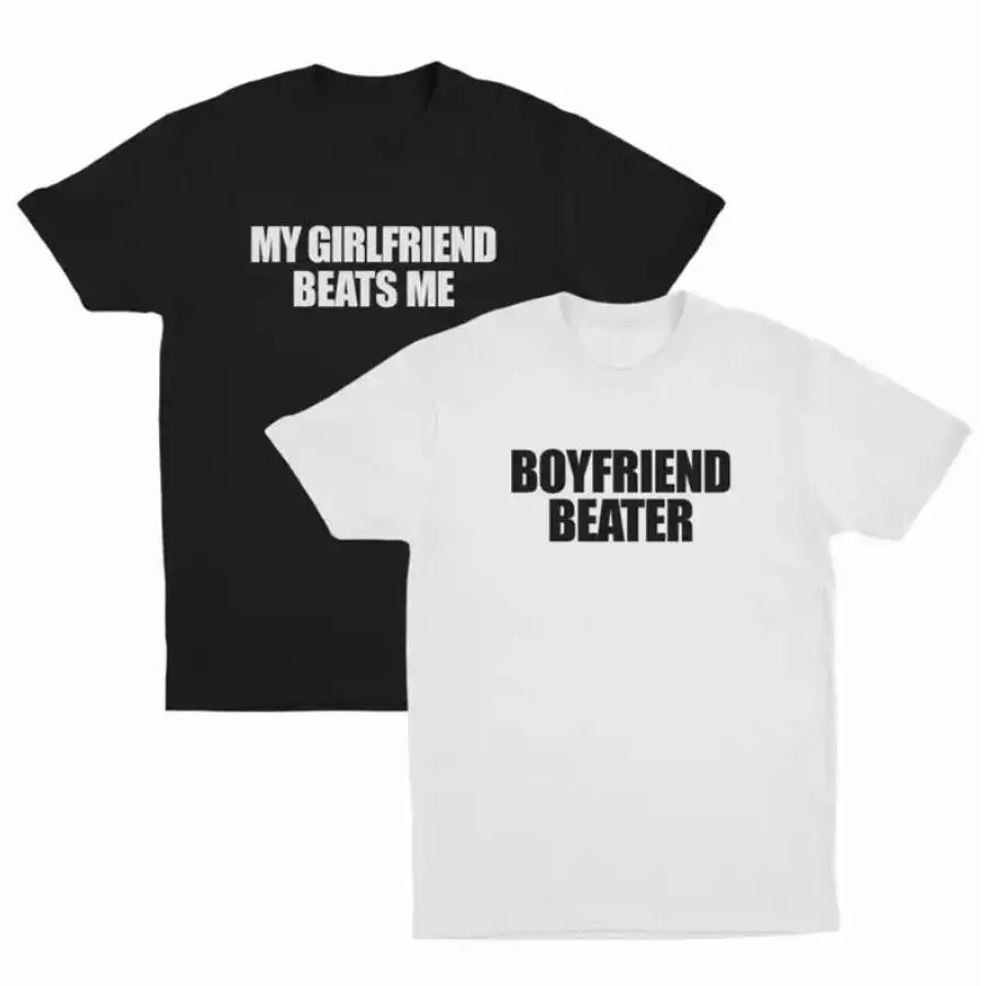 Men's & Women's 100% Cotton Short-Sleeve Round Neck Sarcastic Text-Based Couple T-Shirts Matching Set - Casual Streetwear for Date Night, 3XL-4XL, Cold Wash Compatible, Chinese New Year-Children's Day, Boyfriend Beater-White