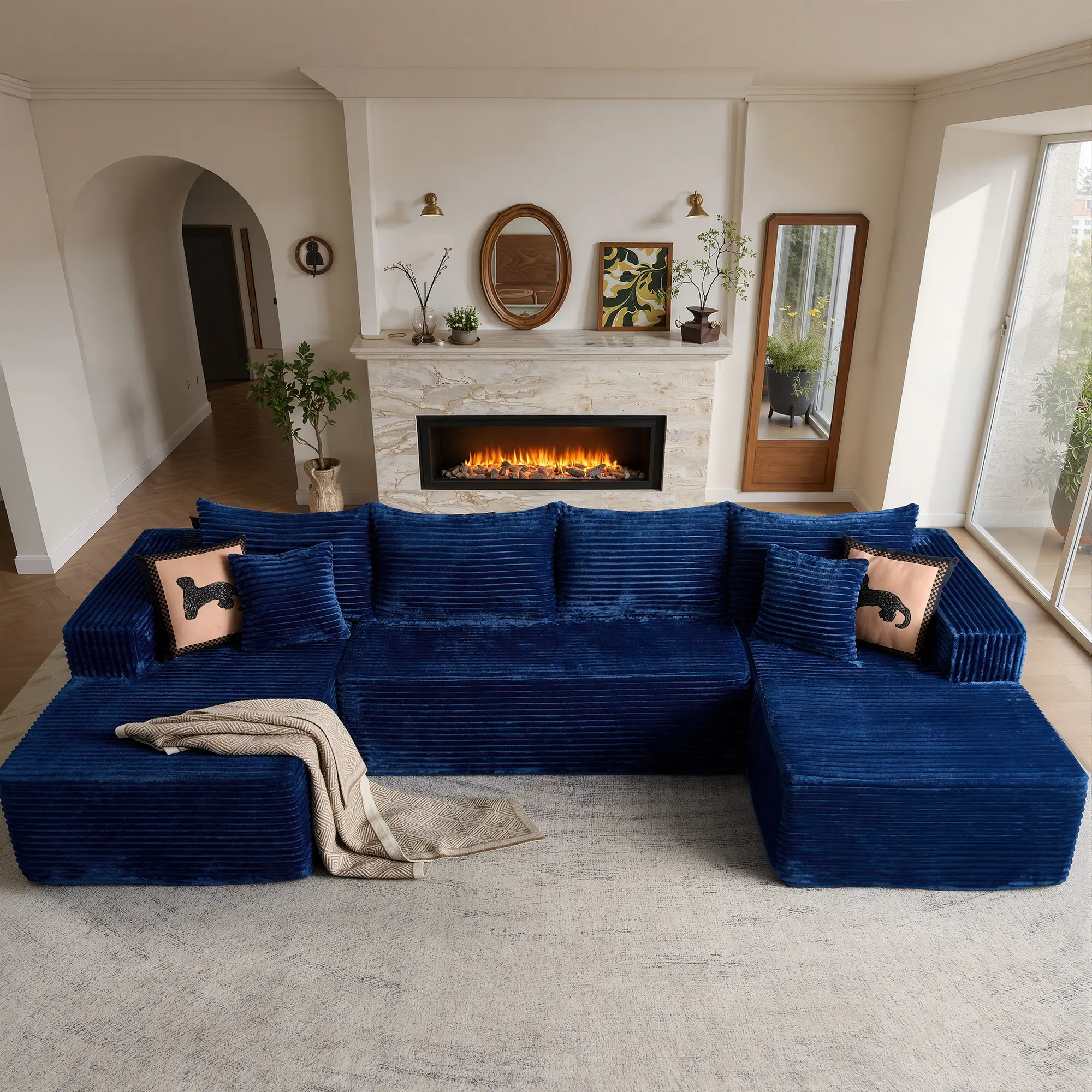 【3 or 2 Packages Shipped】135" or 108" U Shape Modular Sectional Sofa, Compressed Corduroy Fabric, Modern Style Living Room Sofa Bed, Space-Saving Recliner Design - Convertible Corduroy Sectional Sofa