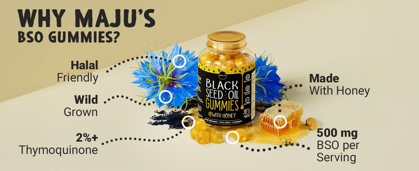 MAJU Black Seed Oil Gummies with Honey 90ct Natural Vitamin Optimum for Hair Skin Nails Gut Gummy Supplement 250mg per Gummy 45 Day Supply Edible Healthcare Dietary