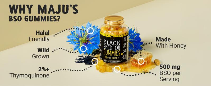 MAJU Black Seed Oil Gummies with Honey 90ct Natural Vitamin Optimum for Hair Skin Nails Gut Gummy Supplement 250mg per Gummy 45 Day Supply Edible Healthcare Dietary