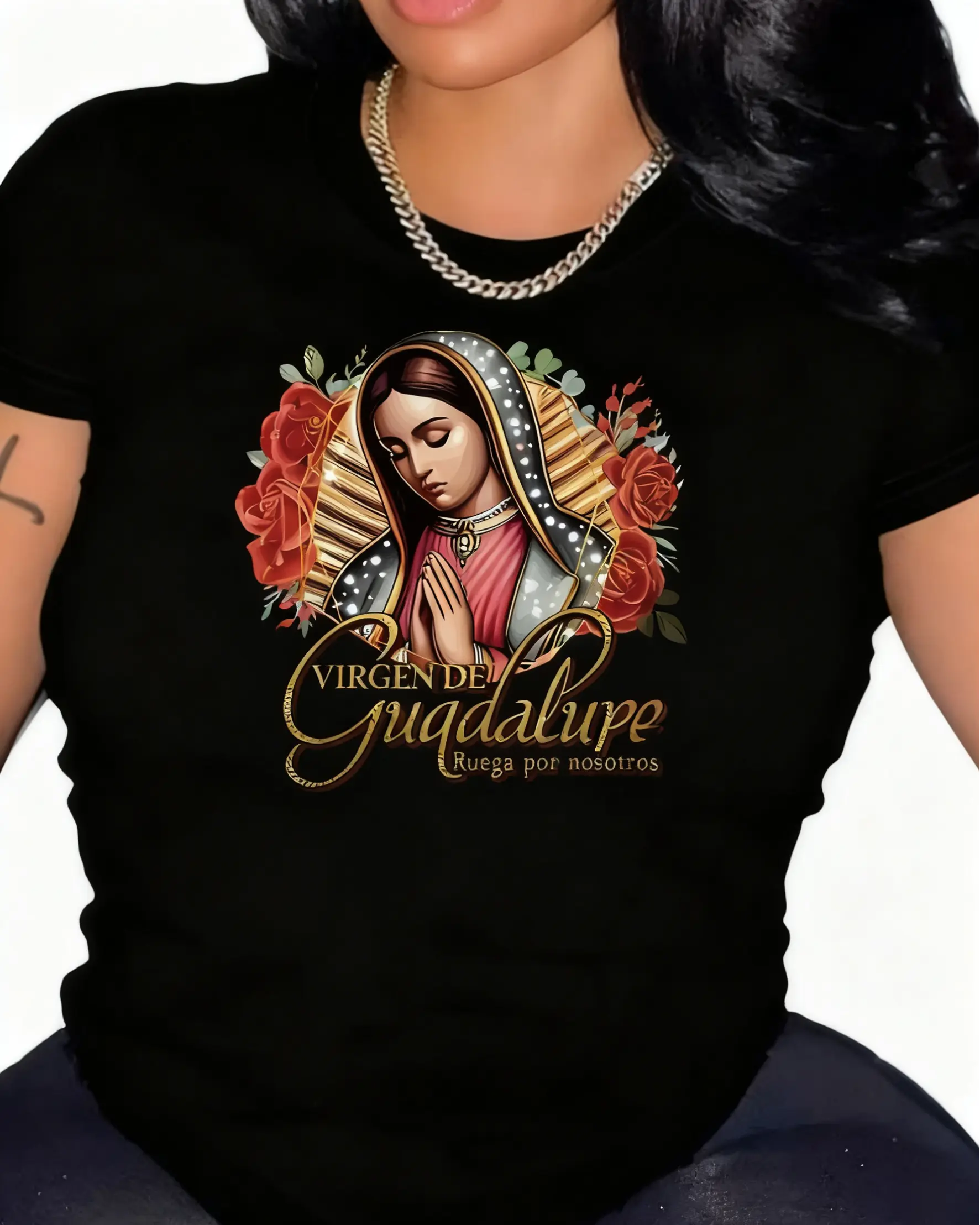 Women's 220g Pure Cotton Short Sleeve Round Neck Casual Top - Our Lady of Guadalupe Virgin Mary Religious Print, Comfortable Fabric, 2XL Size Available, Spring Summer Everyday Clothes