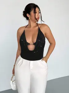Firerie Commute Chic Sexy Party Back To School Music Festival Vacation Halter Plunging Neck Cropped Bustier Top With Metal Accents, Elegant Plus Size Sleeveless Deep Draped Neck Ruched Metal Decor Sexy Camisole Top, Suitable For Valentine's Day, Music Co