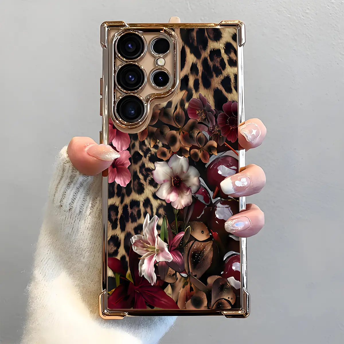 Leopard Print Cherry Blossom Smartphone Case - Electroplated Handheld Cellphone Casing with Airbag Shockproof Slim Soft TPU Protection for Samsung S22 S23 S24 S25 S26 Ultra, S24FE Plus, S25Edge, S25+, Accessories