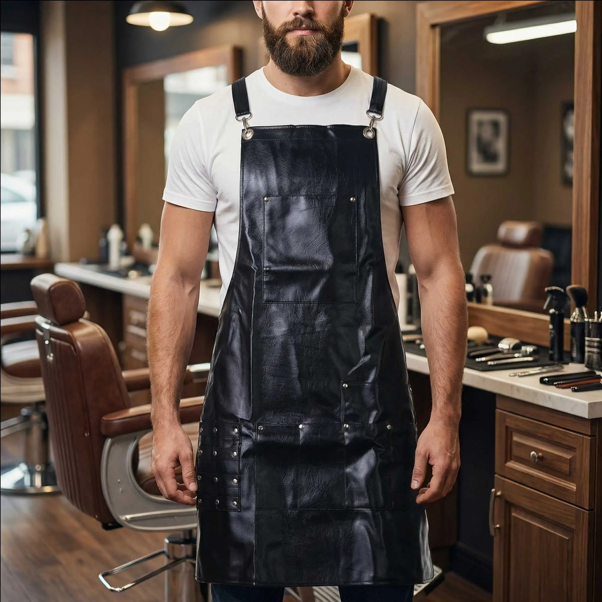 Professional Industrial Comfortable Barber Apron - Black Synthetic Leather, Adjustable Straps, Multiple Pockets