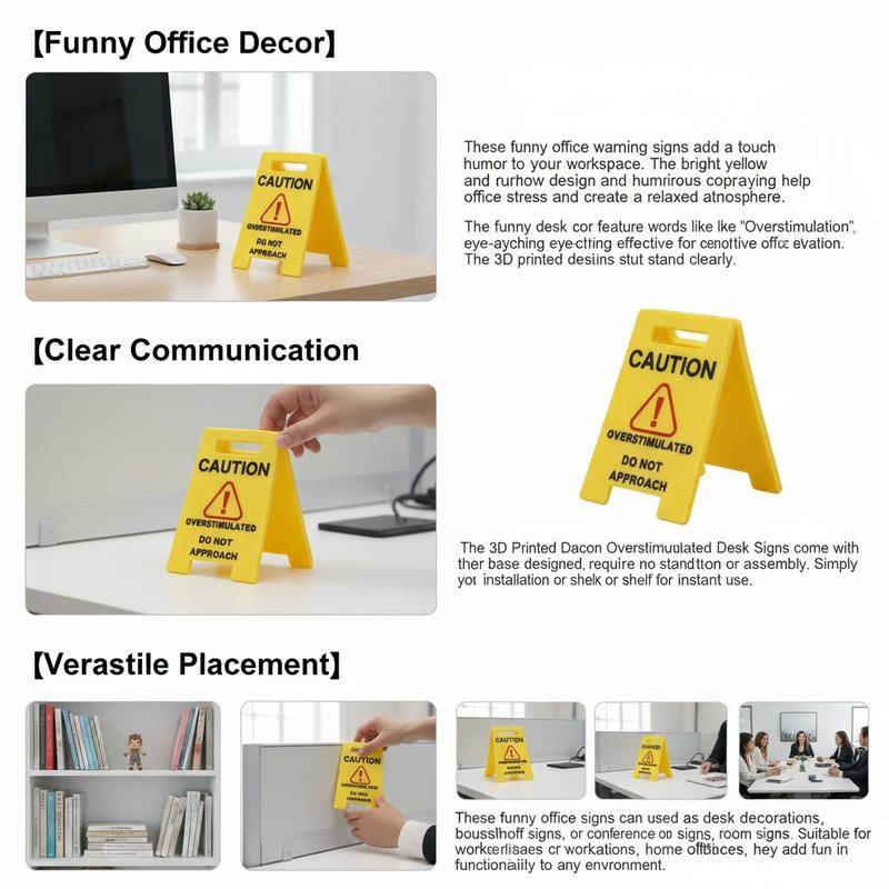 3D Printed Humor Caution Overstimulated Do Not Approach Desk Sign is a novelty office cubicle decor funny prank gift and White Elephant Present cute mini signage to signal boundaries