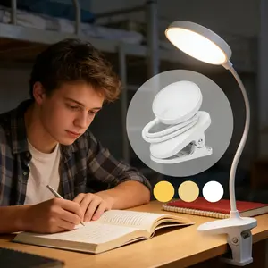 LED Clip On Desk Lamp, Dimmable Reading Light, Flexible Gooseneck Clamp Lamp for Bedside Desk Study Craft Painting, Eye-Caring Table Light, White