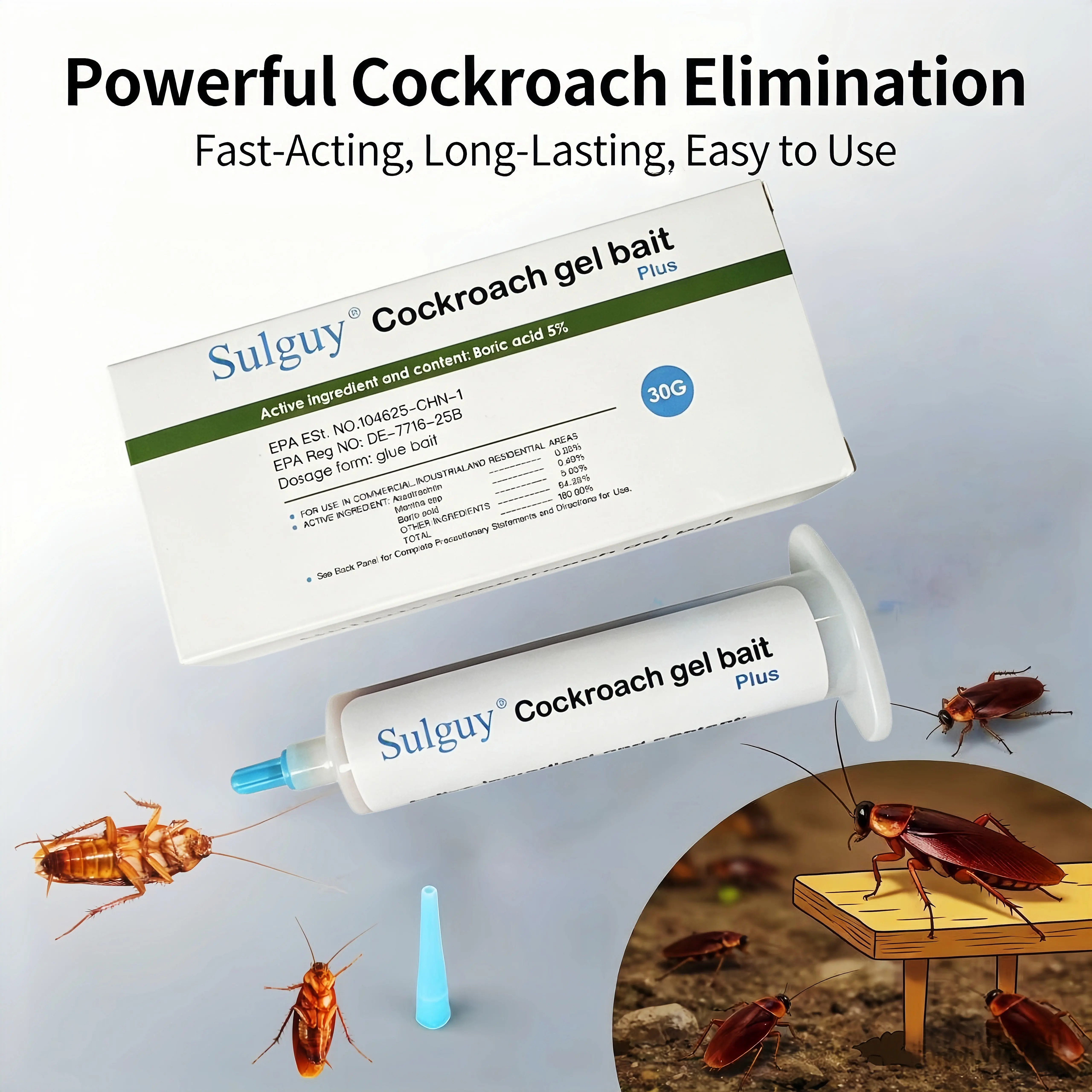 Sulguy Fipronil-Base Cockroach Repellent Gel Bait, 1x30g Gel Tube, 1 Plunger, 1 Tip, Eco-Friendly Home Supply for Home Users, Long-Lasting 24-Month Effect, Single Unit Indoor-Outdoor Pest Control for Major Species