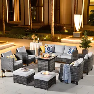 【Summer Vibes】Ovios Outdoor Patio Conversation Set Vultros 8-Piece & 30" Fire Pit Table & All-Weather Wicker Outdoor Furniture for Backyard Deck