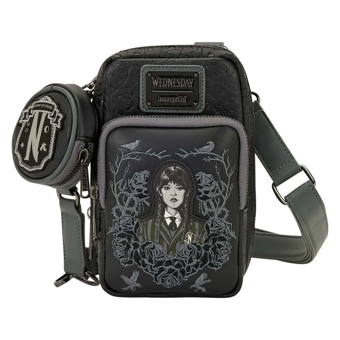 Loungefly Wednesday Black Roses Faux Leather Cell Phone Crossbody Bag with Embroidered Details & Detachable Coin Bag, Casual Crossbody Bag, Faux Leather Satchel