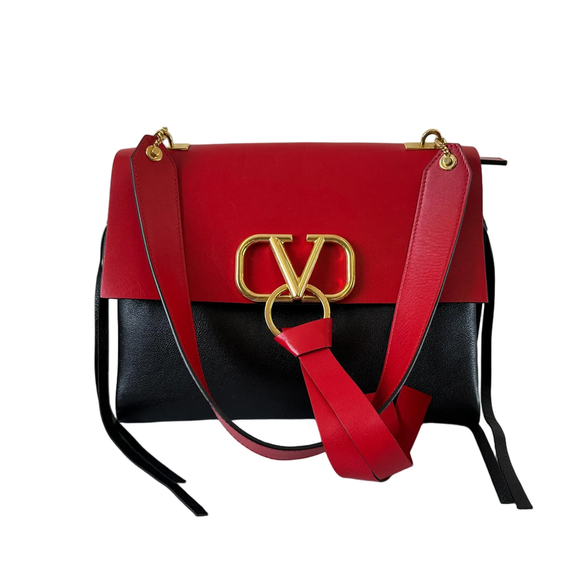 Pre-owned Valentino Calfskin Shoulder Bag Garavani VRING Red With Black 66273874