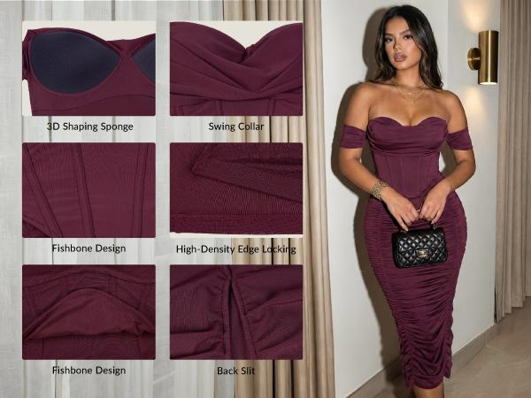 CurvySweet Women's Off The Shoulder Midi Dress Built-in Bra Ruched Corset Bodycon Spring Formal Cocktail Party Dresses