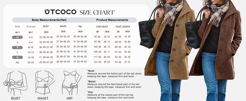 Utcoco Women's Thickened Single-Breasted Wool Pea Coat | Casual Mid-Length Stand Collar Jacket with Pockets | Oversized Denim Boyfriend Jacket & Pilot Jacket | Fall Winter New Arrivals