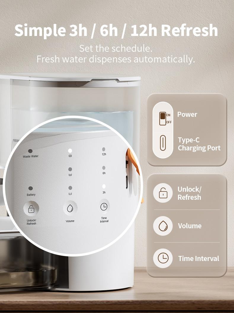 Wireless cat water fountain without filter cartridge, waste water separation function, MAKTART stainless steel bowl, 3000 mAh battery, 3.5 L water dispenser for cats and dogs, white