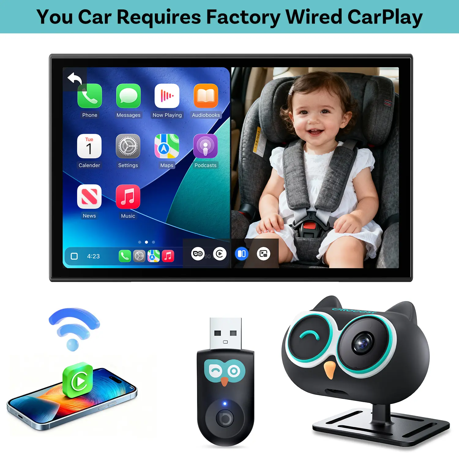 OTTOCAST Baby Car Camera  Wireless CarPlay Adapter 1080P HD Rear Seat Monitor Display on Car Screen,150°Wide Angle No-Glow Night View, Safety for Kids Infants