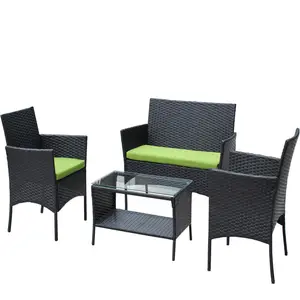 4 PC Rattan Patio Furniture Set Outdoor Loveseat Armchair Tea Table with Green Cushions Water UV Resistant PE Rattan Steel Frame
