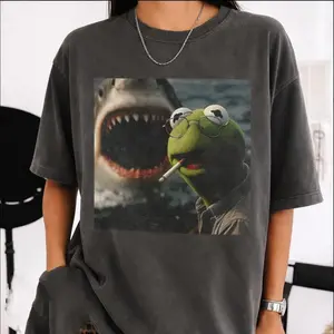 Vintage Dark Humor Shirt, Frog Meme Tee, Shark Attack Parody T-Shirt, Retro Cinematic Graphic Shirt