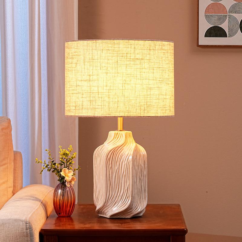 EDISHINE 20.5" Textured Ceramic Table Lamp with Linen Shade - Modern Bedside & Décor Lighting