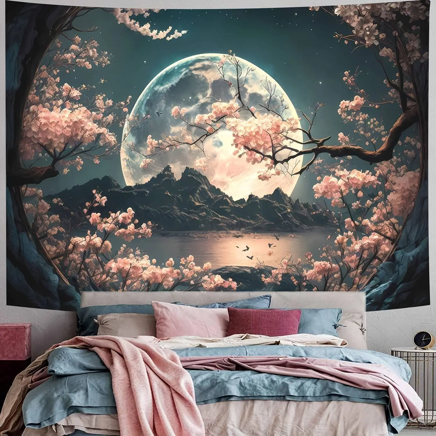 1pc Serene Cherry Blossom& Moon Tapestry- Lightweight 85gsm Polyester Wall Hanging with Starry Sky and Mountain Landscape, Aesthetic Decor for Bedroom, Living Room, Dorm- Easy Installation Kit Included, Room Decor