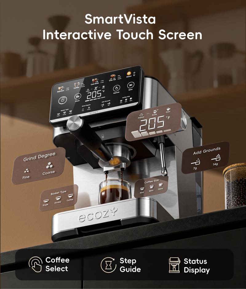 ecozy 4-in-1 Espresso Machine, Drip Coffee, Cold Brew and Over lce Machine with Touch Screen, Milk Frother Steam Wand, Stainless Steel, Coffee Maker for Cappuccinos, Lattes, Americanos ecozy 4-in-1 Espresso Machine, Drip Coffee, Cold Brew and Over lce Machine with Touch Screen, Milk Frother Steam Wand, Stainless Steel, Coffee Maker for Cappuccinos, Lattes, Americanos