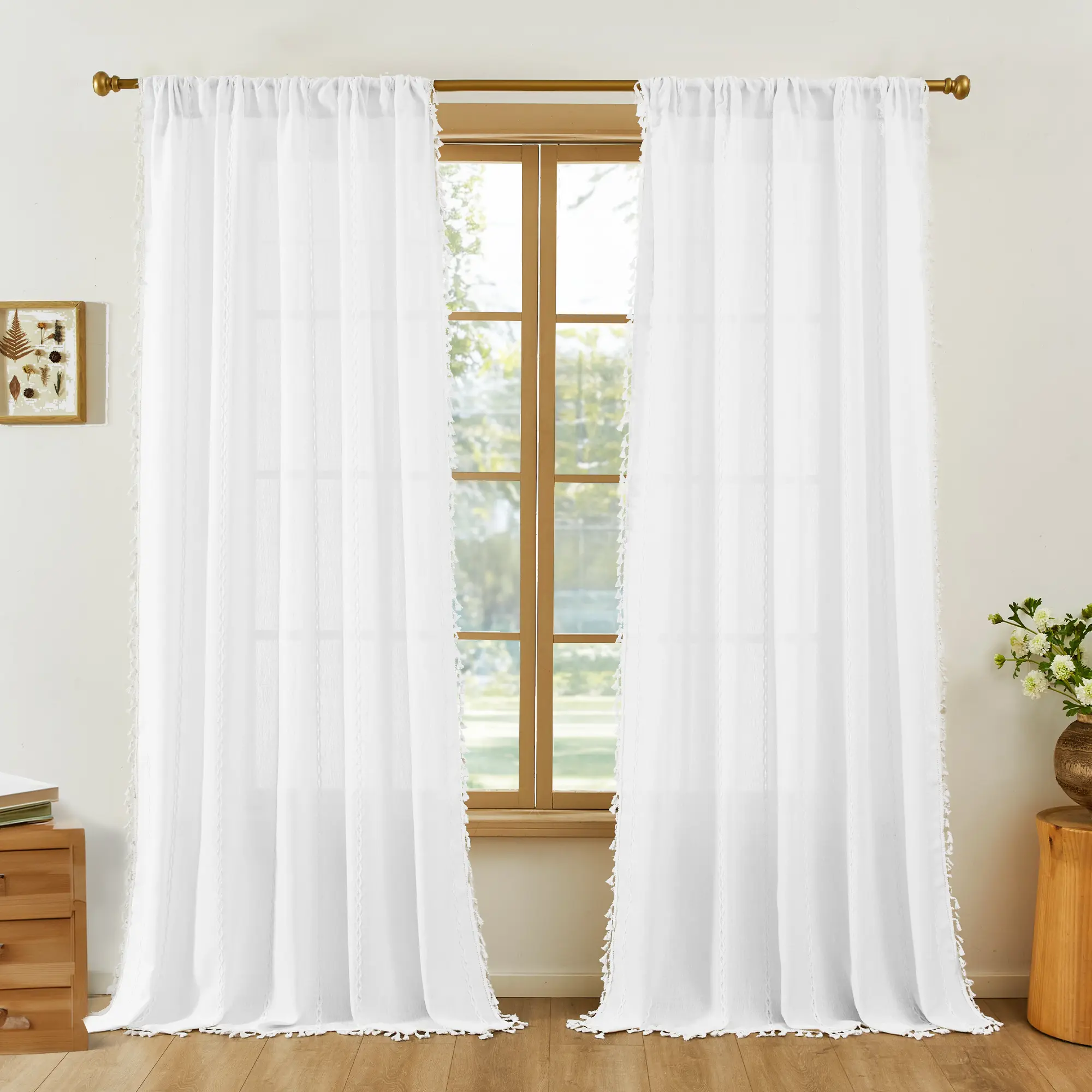 Deconovo Textured Look Sheer Fabric Curtains with Ruffled Trim - Light Filter Window Drapes, Single Pair for Bedroom/Living Room, Window Covering