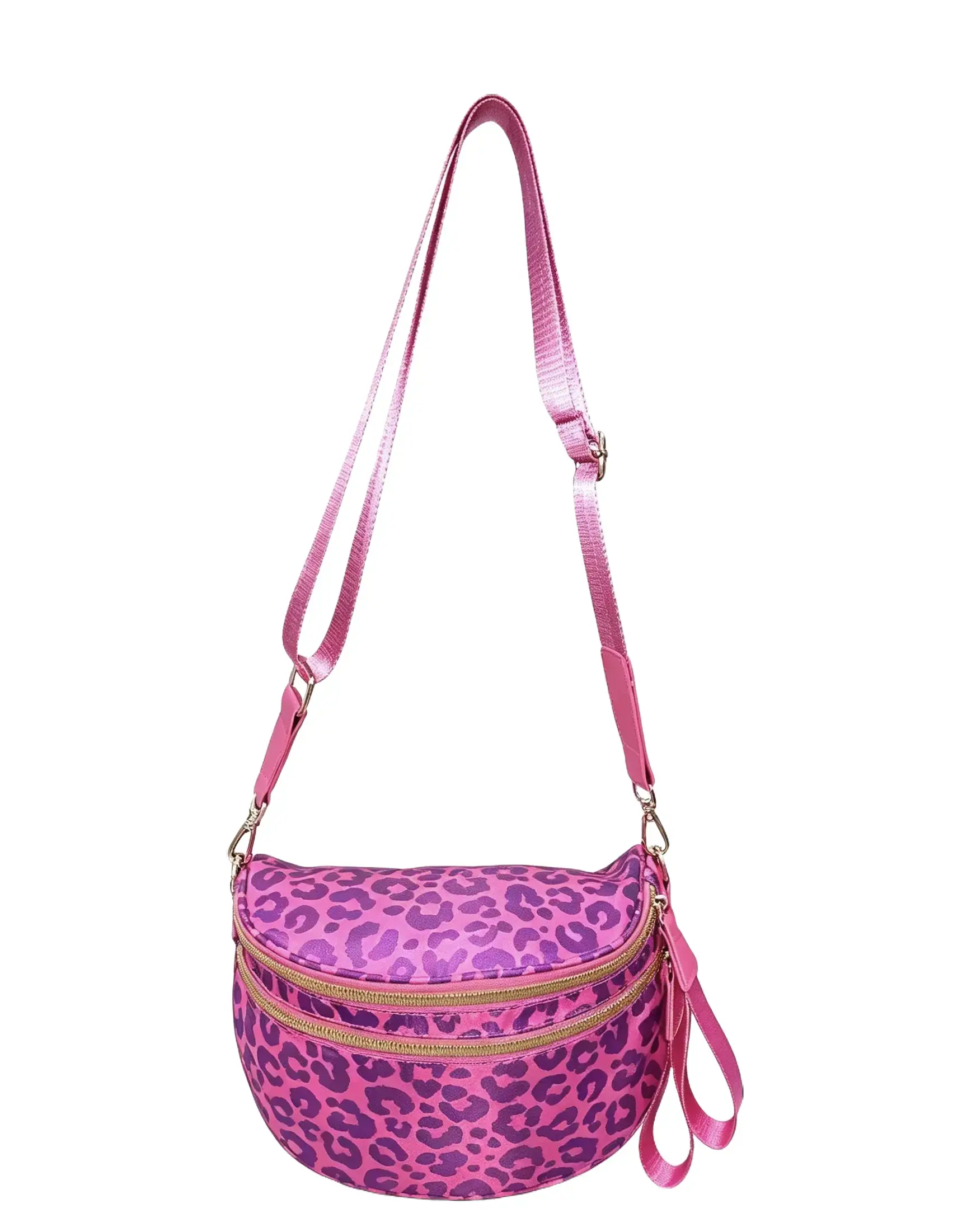 [CC SHOP]Hot Pink Purple Leopard Print Crossbody Fanny Pack for Women, Adjustable Wide Strap Sling Chest Bag Lightweight Nylon Waist Purse Travel Casual Shoulder Bag