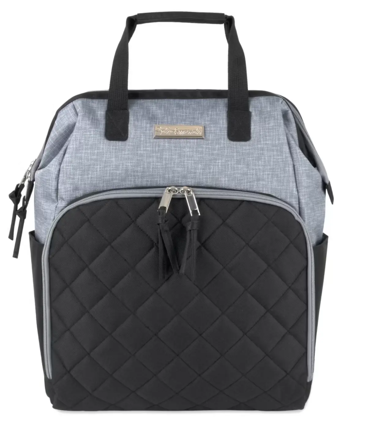 Baby Essentials Super Cooler Main Frame Dual Zipper Closure Diaper Bag Backpack Tote with 6-Ply Changing Pad Insulated Bottle Pockets & Stroller Straps in Black & Gray