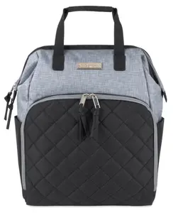 Baby Essentials Super Cooler Main Frame Dual Zipper Closure Diaper Bag Backpack Tote with 6-Ply Changing Pad Insulated Bottle Pockets & Stroller Straps in Black & Gray