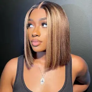 Hd Transparent Wear and Go Glueless P4/27 Highlight Bob Wig Human Hair 13X4 Frontal Lace Wig Ombre Brown Honey Blonde Highlight Blunt Cut Bob Wig Human Hair Lace Front Pre Plucked with Bleached Konts