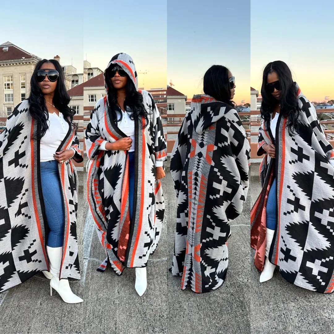 Hooded Winter Open Front Poncho - Grey Orange and Black Blend