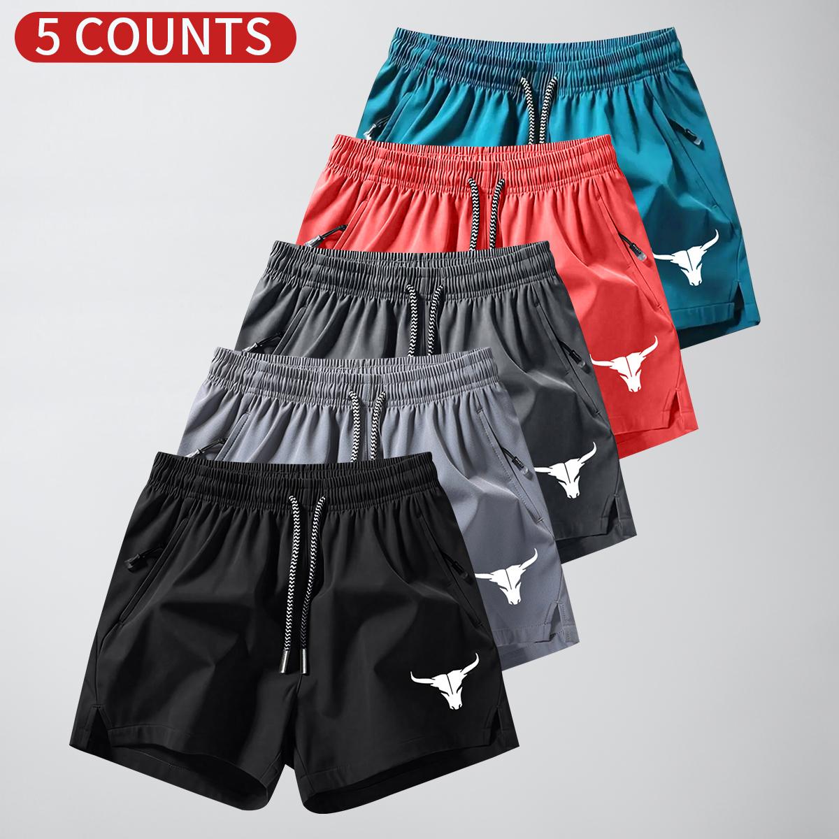 Men's 5-Pack Bull Print Plain Tie Pocket Shorts; Men's Clothing; Athletic Casual Stretch Waist Pocket Shorts; Breathable Summer Men's Everyday Sports Pants SpringStatements