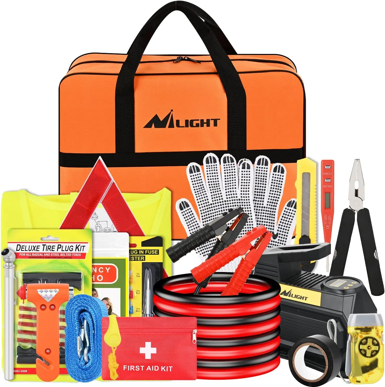Nilight Heavy Duty 49-Piece Car Roadside Emergency Kit - Heavy Duty Jumper Cable, Air Compressor, Tire Repair Tools, First Aid Supplies, Alligator Connector, Flashlight for Car, Truck, SUV, RV - Hiking, Outdoor Use - Father's Day Gift