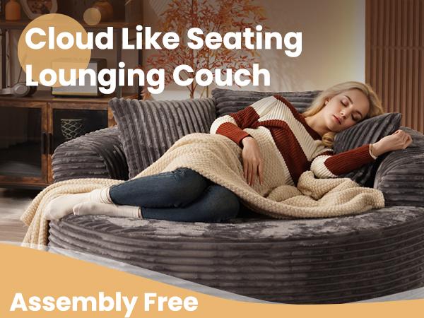 HOOOWOOO 59"W Oversized Round Sofa Bed - Boneless& Modern O-Shape, Lazy Bean Bag Chair, Deep Seat Couch with 3 Pillows, Plush Corduroy Fabric Chaise Lounge, No Assembly Required