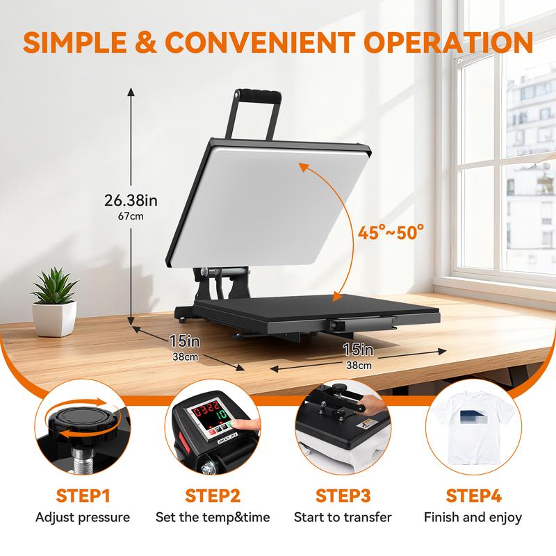 AKEYDIY 15×15 Inch Slide-Out Sublimation Heat Press, Flip-Top Heat Press, Industrial-Grade Digital Transfer Machine, Rapid Heat-Up, Suitable for Heat Transfer Vinyl, Works for T-Shirts, Bags, Pillows, Mouse Pads, Keychains