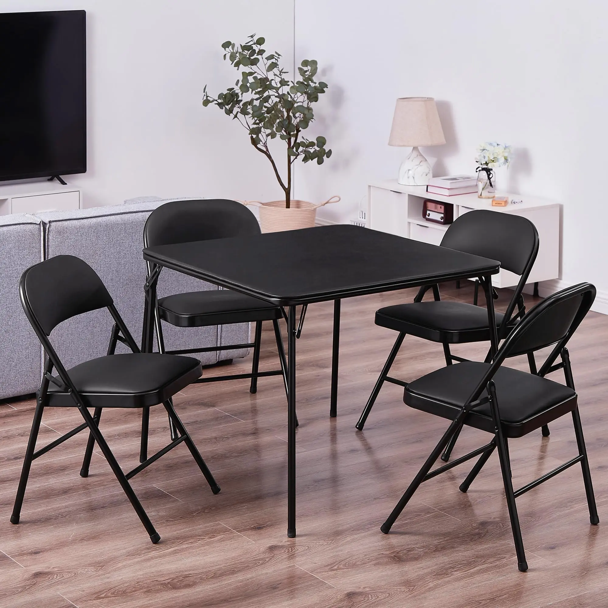 VECELO Folding Card Table and Chair Set of 5 Portable with Padded Tabletop, No Assembly Required, Black Black Table & 4 Chairs