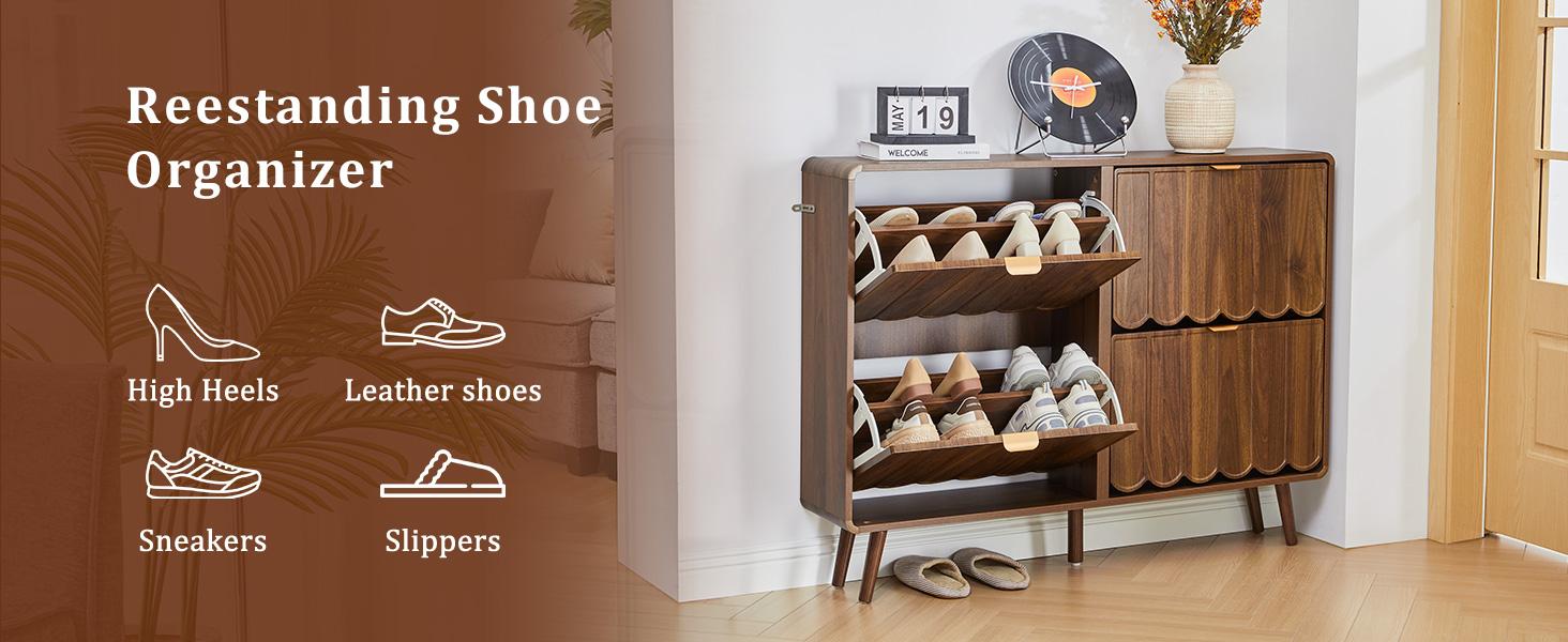 Giratree Shoe Storage Cabinet for Entryway with 2 4 Flip Drawers, Freestanding Narrow Wood Shoe Cabinet with Wave Panel, Hidden Shoe Organizer for Foyer, Hallway