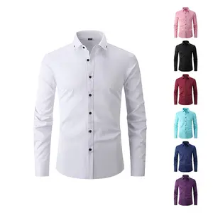 Men’s Ice Silk Long Sleeve Dress Shirt for Spring/Autumn, Business Formal, Wrinkle-Resistant, Non-Iron, Glossy Solid Color Slim Fit