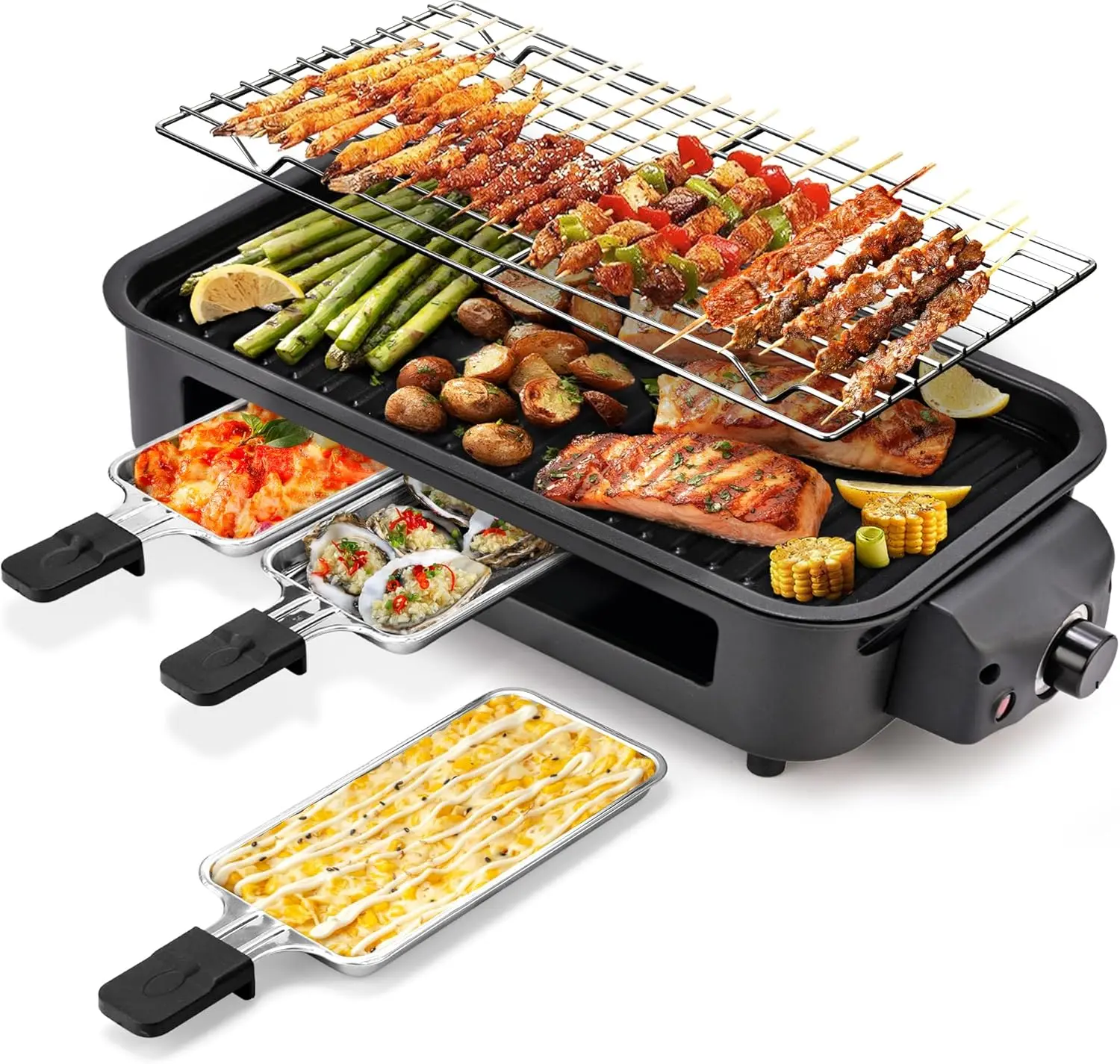 1700W Black 2-in-1 Smokeless Indoor Smoker Electric Grill for Kitchen, Non-Stick Removable Cooking Plate, Grill Net, Adjustable Temperature Control, Dishwasher Safe