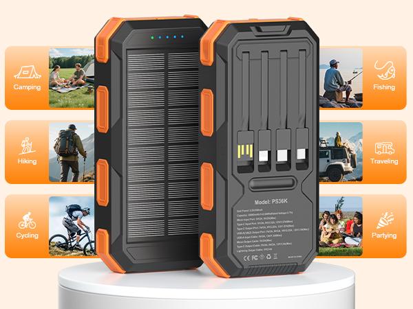 Solar Charger Power Bank 38800mAh-20000mAh, Portable Charger, 4 Cables 3 Ports Fast Charging External Battery Pack with USB C for Cell Phones, Solar Panel Charger with Dual Flashlight for Camping power bank power bank charger battery power bank