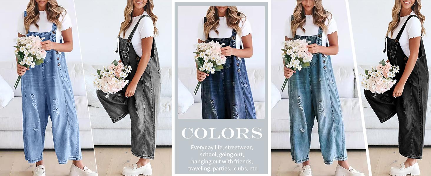 Ebossy Women Minimalist Blue Loose Strappy Adjustable Strap Denim Bib Overall Jeans Distressed Wide Leg Baggy Overalls Jumpsuit Womenswear Basic