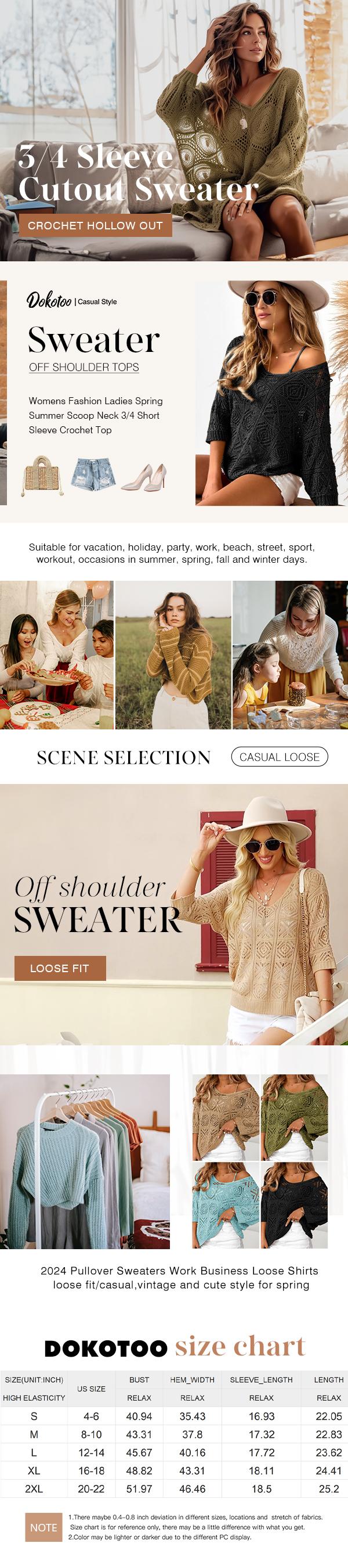 Dokotoo Women's 2026 Spring Summer Crochet Hollow Out 3/4 Sleeve Pullover Sweater Off Shoulder T-Shirts