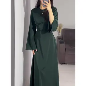 Elegant Long Sleeve Lace Up Crew Neck - Maxi Dress for Spring & Fall - Women's Clothing