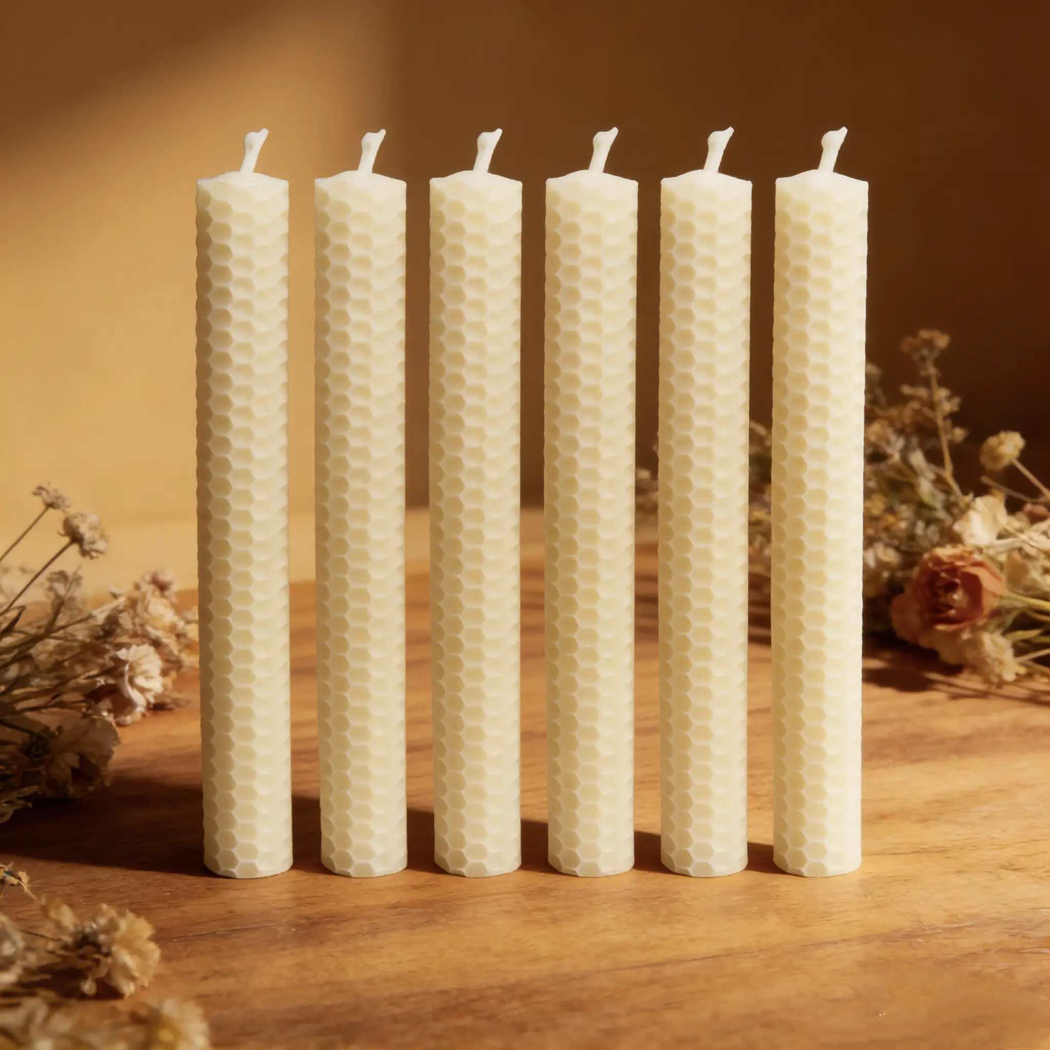 Creamy White Beeswax Taper Candle Set, 6-Pack/12-Pack 20x1.5cm Unscented Honeycomb Wicked Decorative Candles, Smokeless Ideal Holiday Gift for Home Decor, Weddings, Aroma