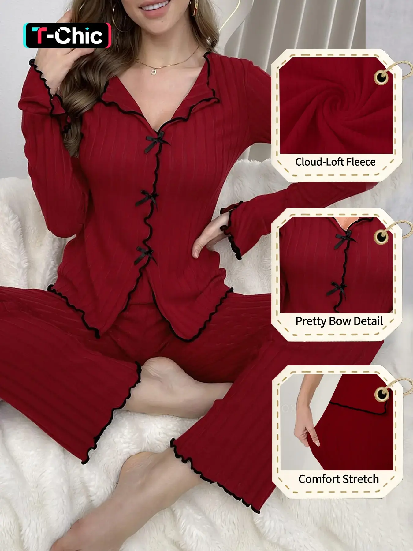 Women's Spring Autumn Winter Plain Thickened Warm Sweet Bow Lace V-Neck Long Sleeve Soft Sleepwear Loungewear Home Two-Piece Pajama Set Loungewear Nightwear Nightwear Outfit