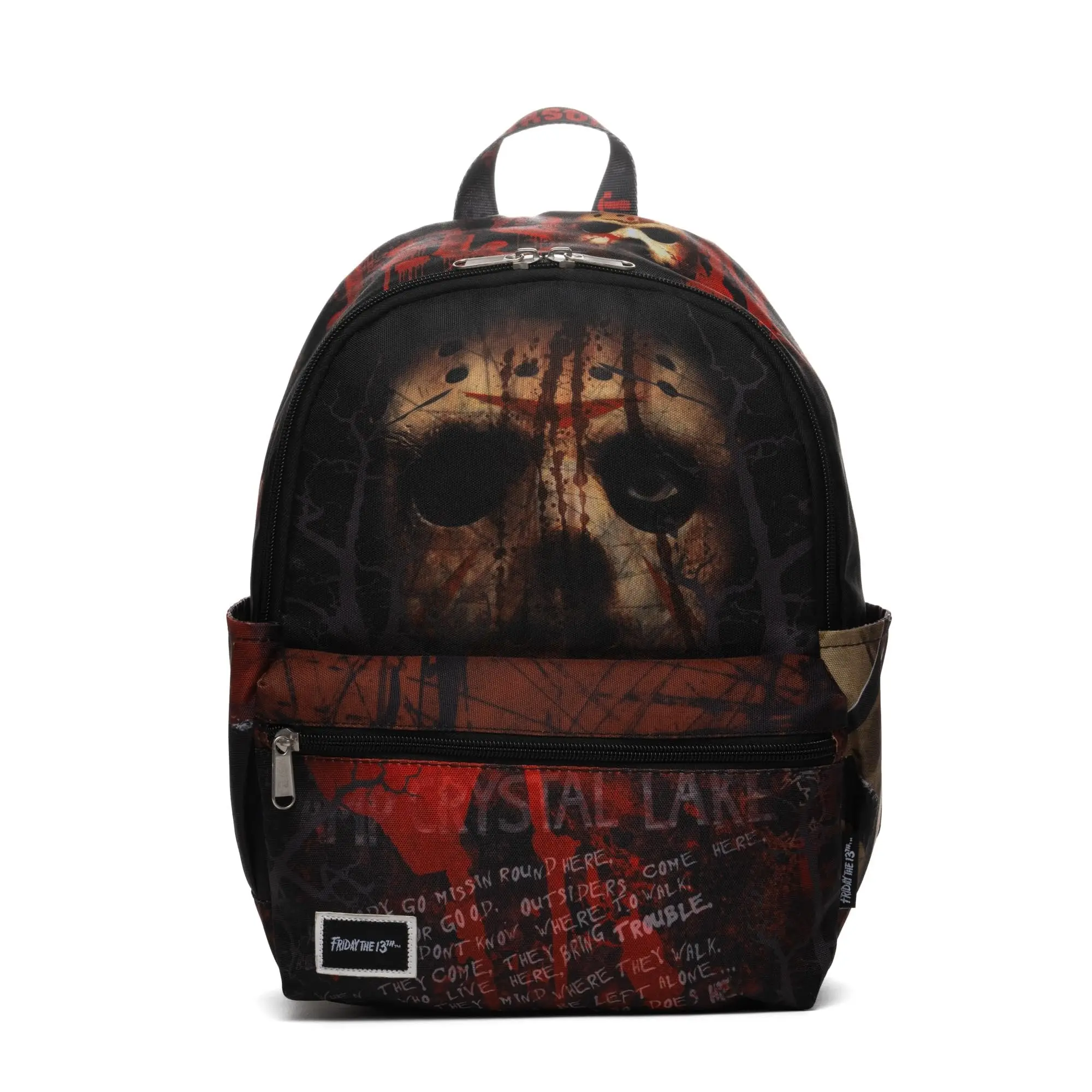 Official Licensed Unisex Nylon Mini Backpack for Horror Fans, Friday the 13th Jason All-Over Print, 9.1L, 13"H x 9.5"W x 4.5"D, Adjustable Shoulder Strap, Multiple Zip Pockets, Front Zippered Pocket, Metal Accents, Casual Everyday Carry Luggage Bag, 9.1 L