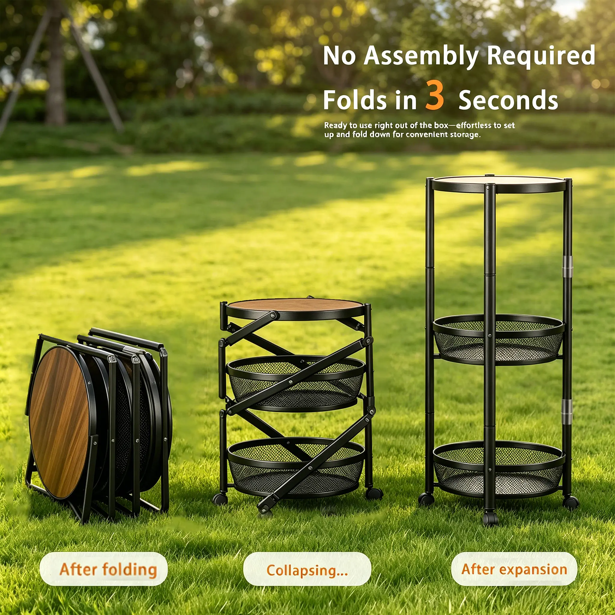 foldable shelf  3-Tier Foldable Storage Shelf with Wheels — Folds in 3 Seconds, No Assembly Required: A Portable, Multifunctional Utility Cart. Ideal for Camping, RVs, and Patios; A Lightweight Outdoor Mesh Storage Rack.
