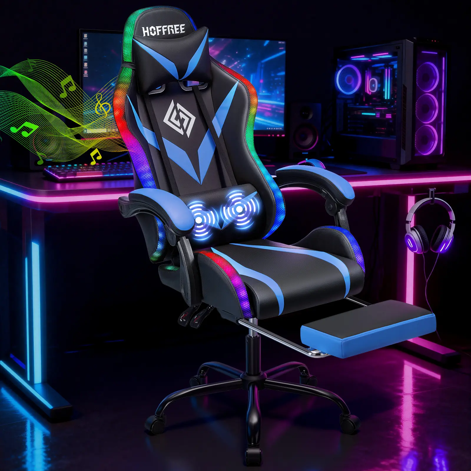 HOFFREE Gaming Chair with LED Lights & Massage | Bluetooth Speakers, Footrest & Adjustable Recline