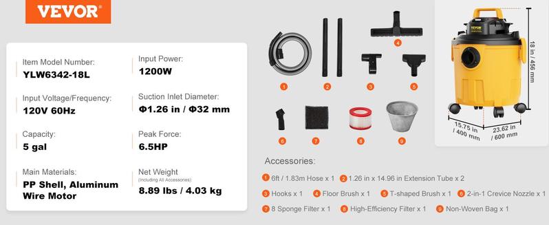 VEVOR Wet Dry Vac, 2.6 Gallon, 2.5 Peak HP, 3 in 1 Portable Shop Vacuum with Blowing Function, Attachments Storage, Perfect for Cleaning Floor, Upholstery, Gap, Car, Black/Yellow, ETL Listed