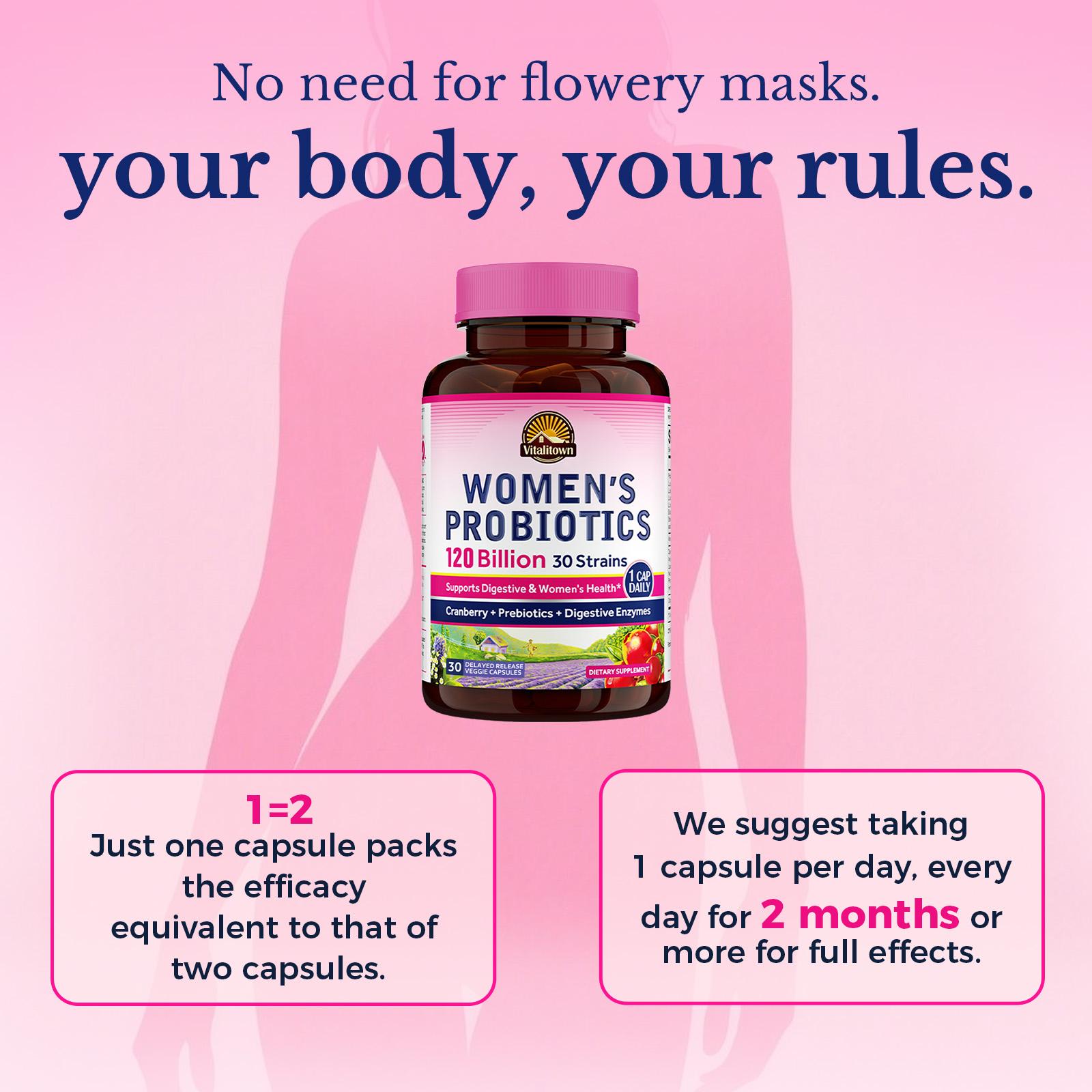 Vitalitown Women's Probiotics,120 Billion CFUs-for pH Balance /Healthy Odor and Tract Support,with Prebiotics,Digestive Enzymes&Cranberry Bathroom